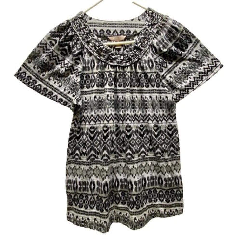 White Stag Blouse Women's Medium Black White Tribal Print Short Sleeve Flowy GUC
